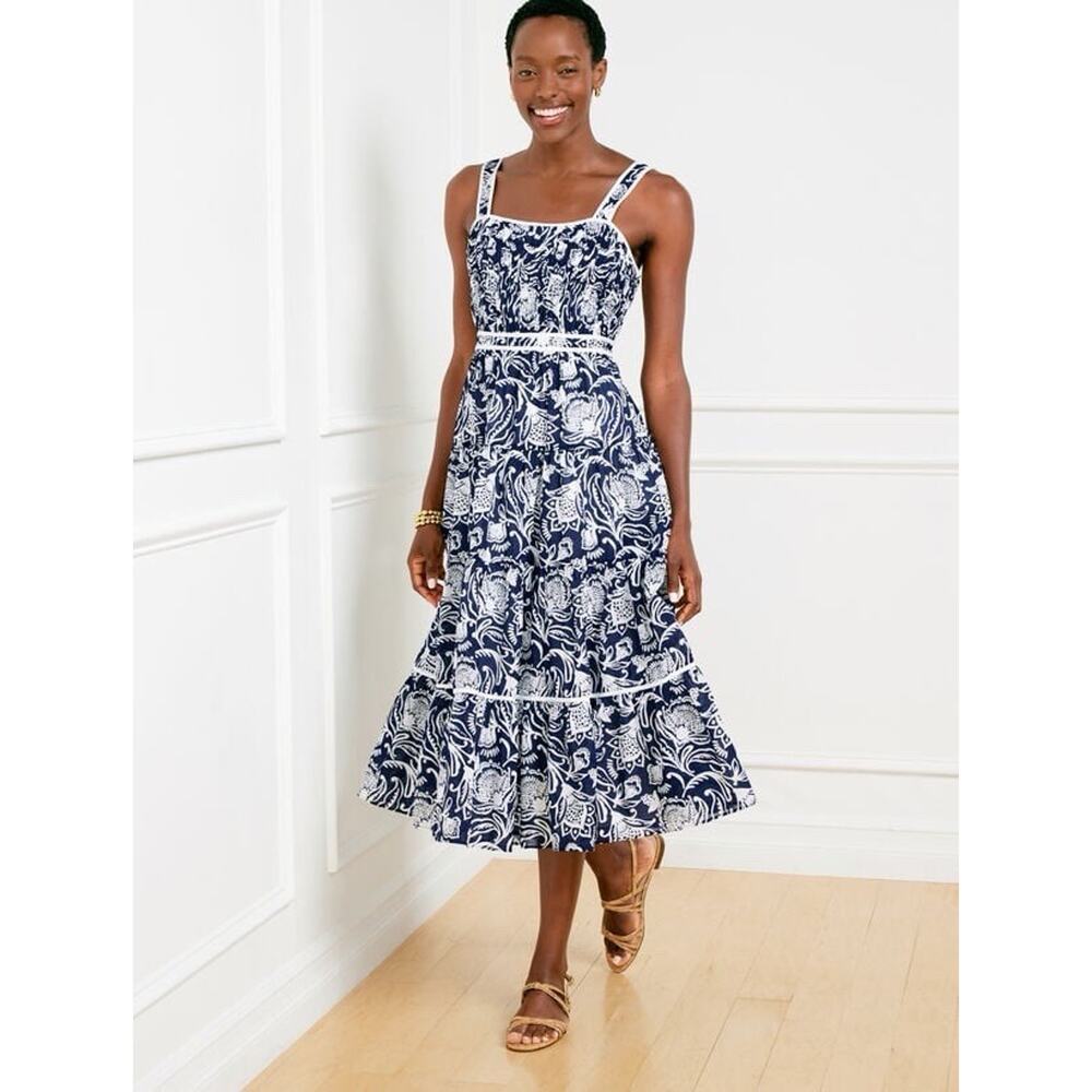 Talbots Size 16 Tiered Fit & Flare Dress Distressed Jacobean Navy White